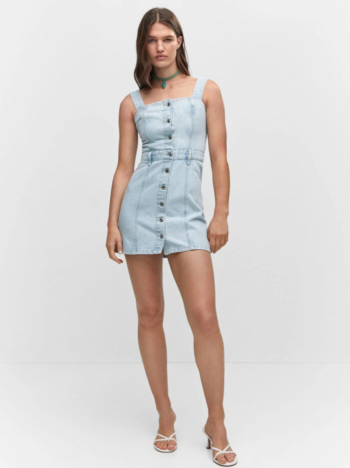 Mango Button Denim Dress Light Blue Minidress