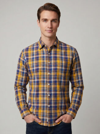 Men's Yellow & Royal Blue Check Cotton Shirt