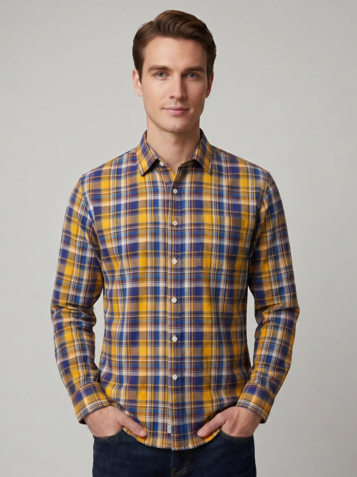 Men's Yellow & Royal Blue Check Cotton Shirt
